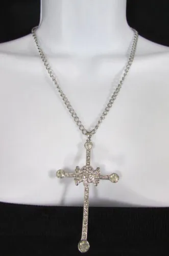 Gold Silver Pewter Gold Red Big Cross Skulls Stud Rhinestone Pendant Necklace