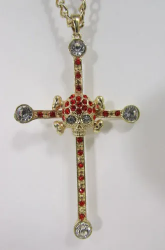 Gold Silver Pewter Gold Red Big Cross Skulls Stud Rhinestone Pendant Necklace