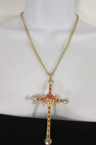 Gold Silver Pewter Gold Red Big Cross Skulls Stud Rhinestone Pendant Necklace