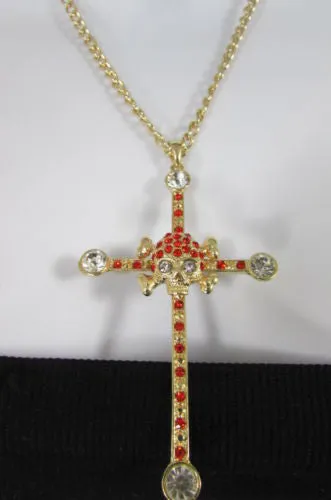 Gold Silver Pewter Gold Red Big Cross Skulls Stud Rhinestone Pendant Necklace