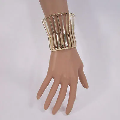 Gold Wide Metal Cuff Bracelet Unique Cut Shape 3" Long