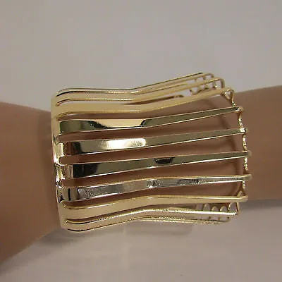 Gold Wide Metal Cuff Bracelet Unique Cut Shape 3" Long