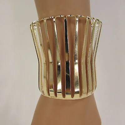 Gold Wide Metal Cuff Bracelet Unique Cut Shape 3" Long