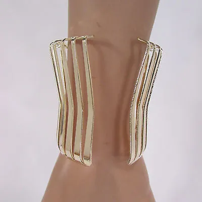 Gold Wide Metal Cuff Bracelet Unique Cut Shape 3" Long