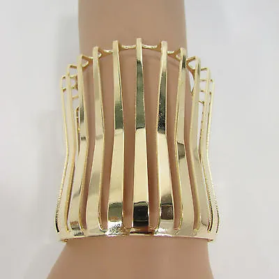 Gold Wide Metal Cuff Bracelet Unique Cut Shape 3" Long