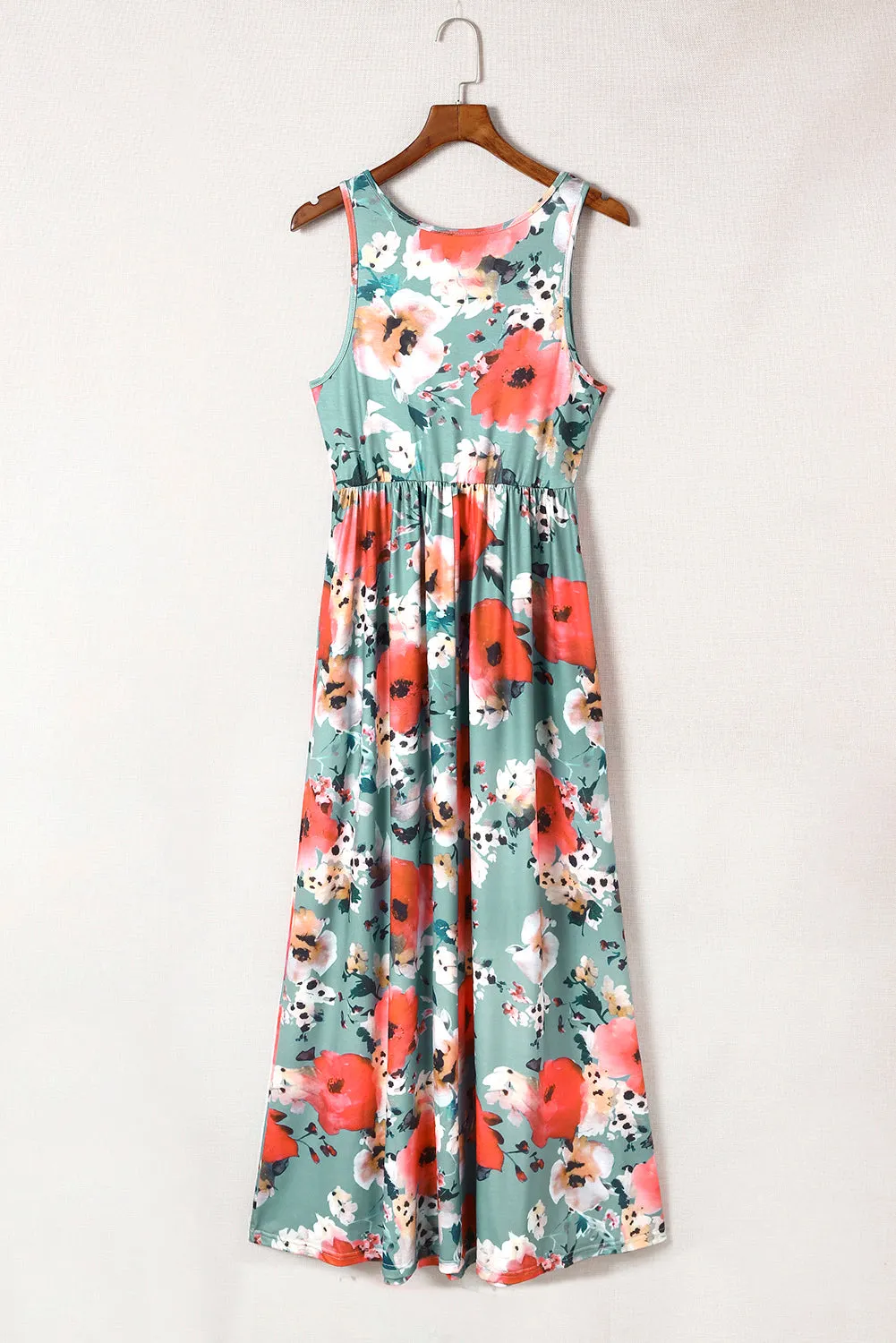 Green Floral Print Sleeveless Maxi Summer Tank Dress