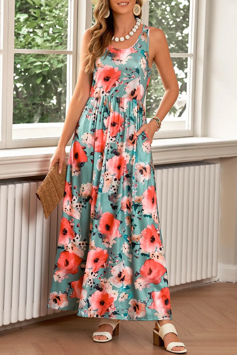 Green Floral Print Sleeveless Maxi Summer Tank Dress