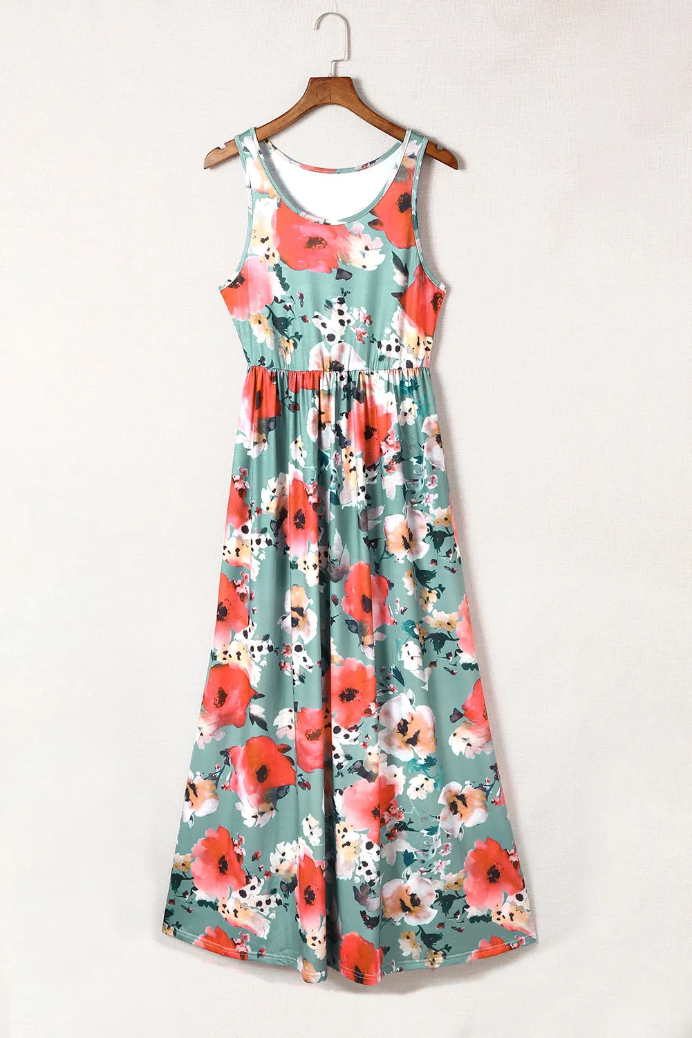 Green Floral Print Sleeveless Maxi Summer Tank Dress