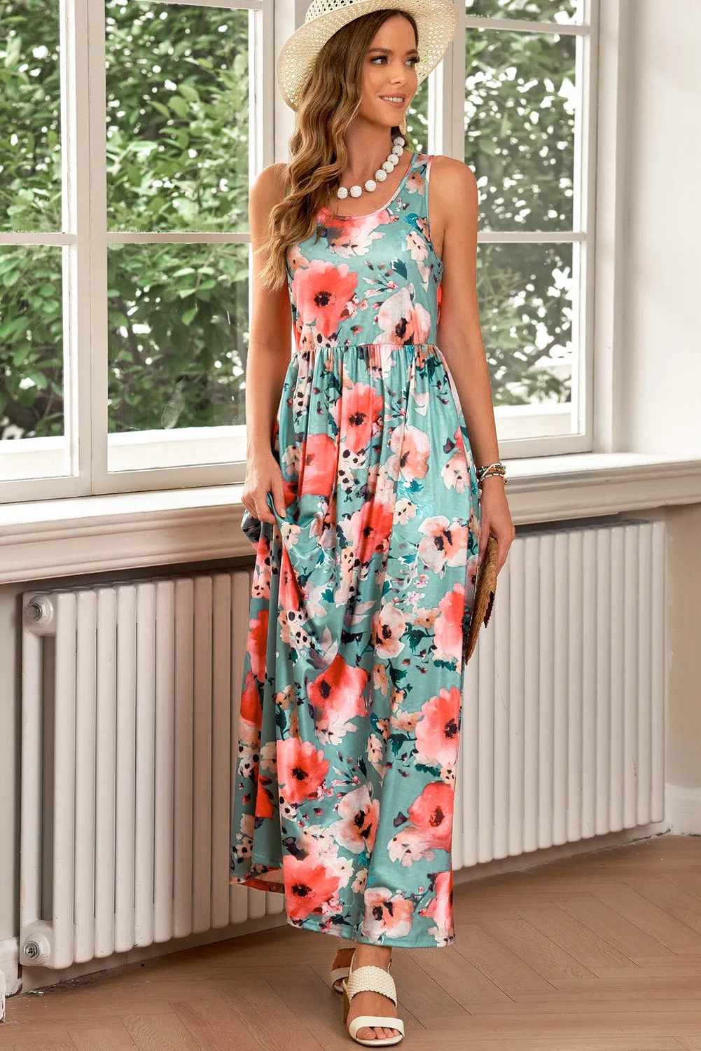 Green Floral Print Sleeveless Maxi Summer Tank Dress