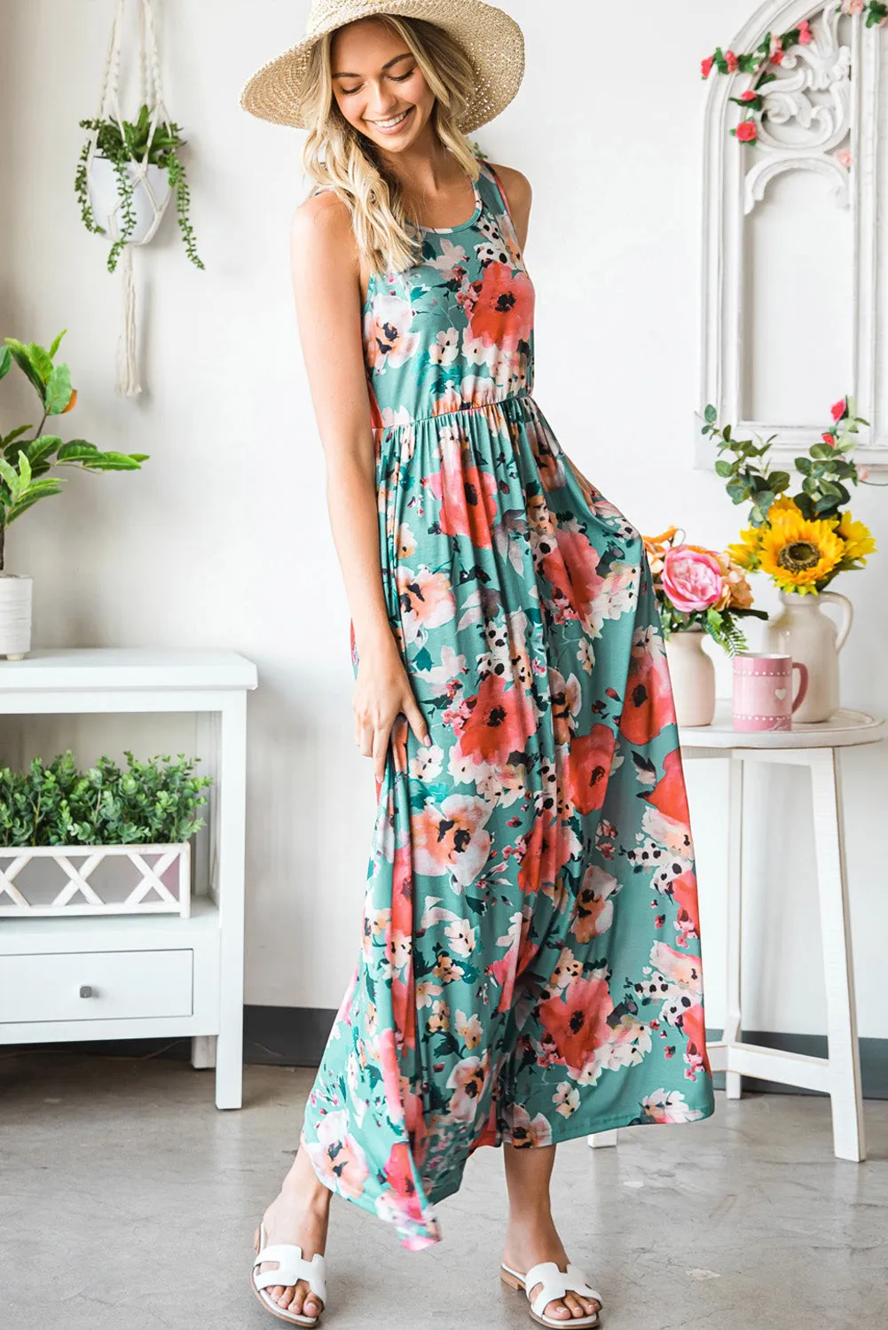 Green Floral Print Sleeveless Maxi Summer Tank Dress