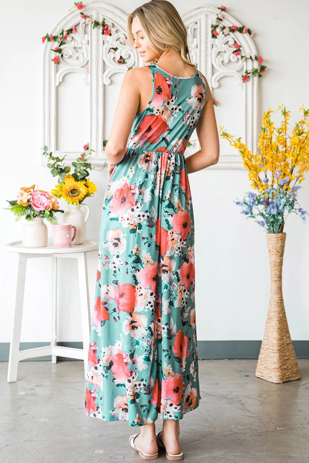 Green Floral Print Sleeveless Maxi Summer Tank Dress