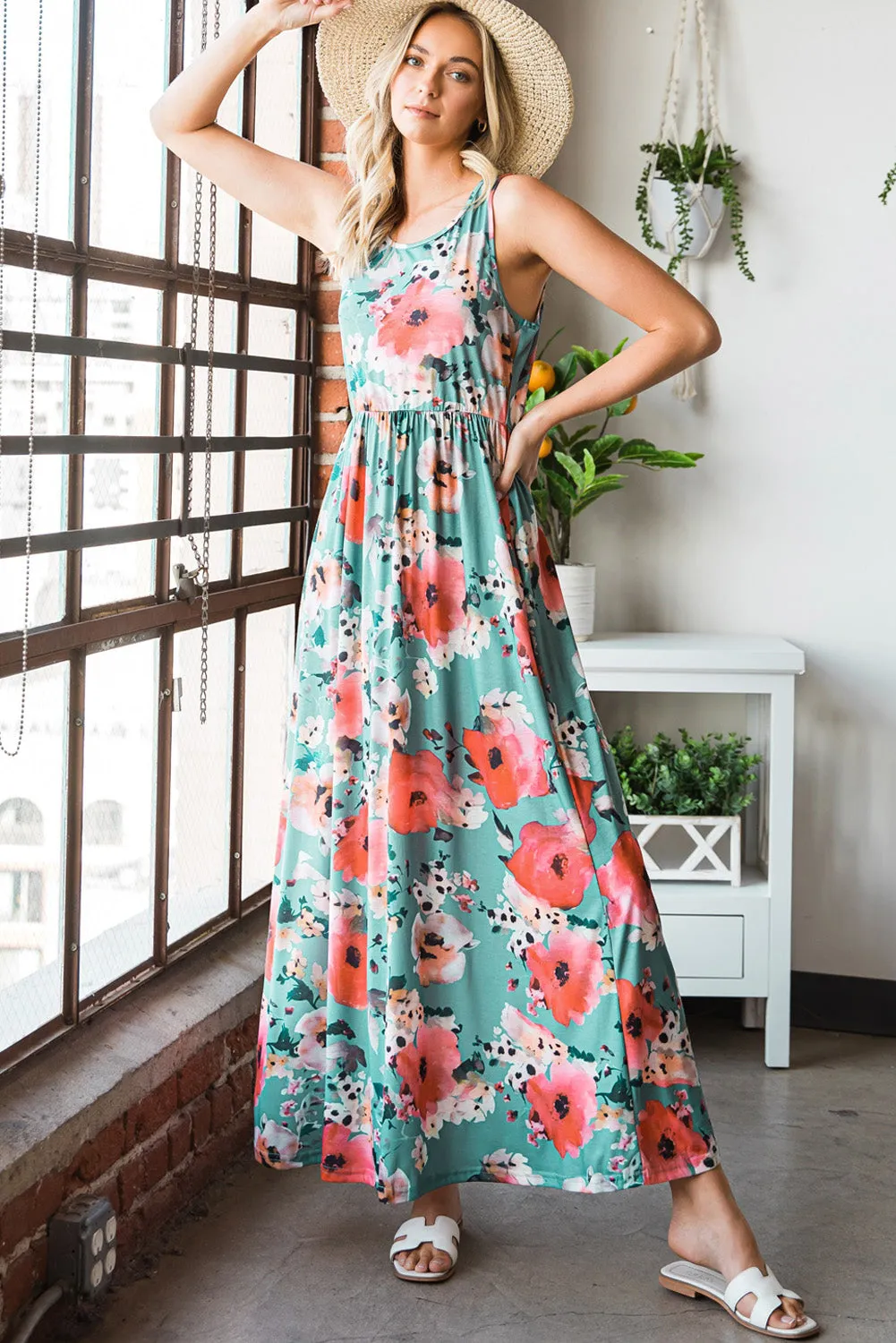 Green Floral Print Sleeveless Maxi Summer Tank Dress