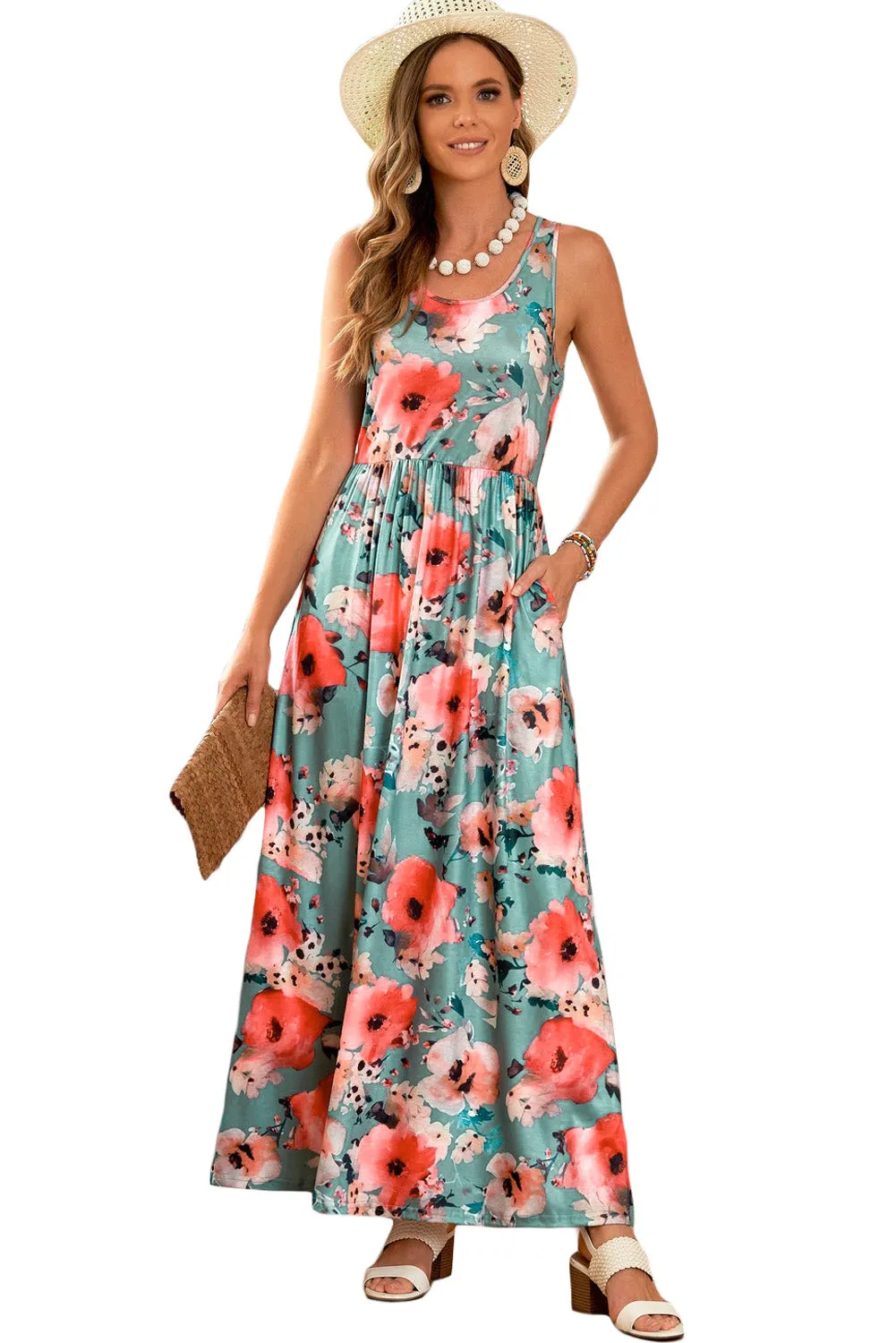 Green Floral Print Sleeveless Maxi Summer Tank Dress