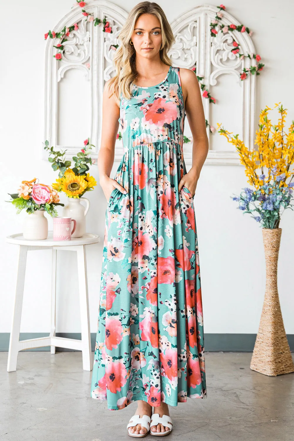 Green Floral Print Sleeveless Maxi Summer Tank Dress