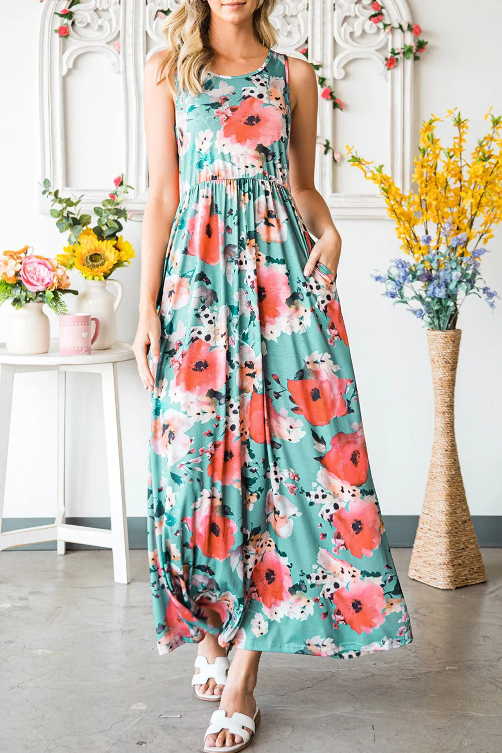 Green Floral Print Sleeveless Maxi Summer Tank Dress