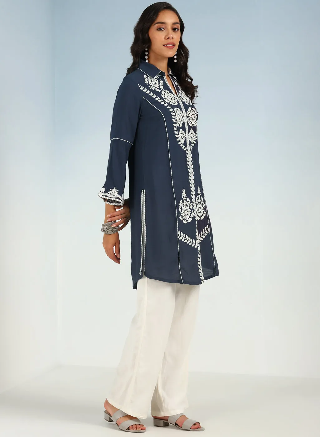 Grey kurti with Dori work and Bell Sleeves