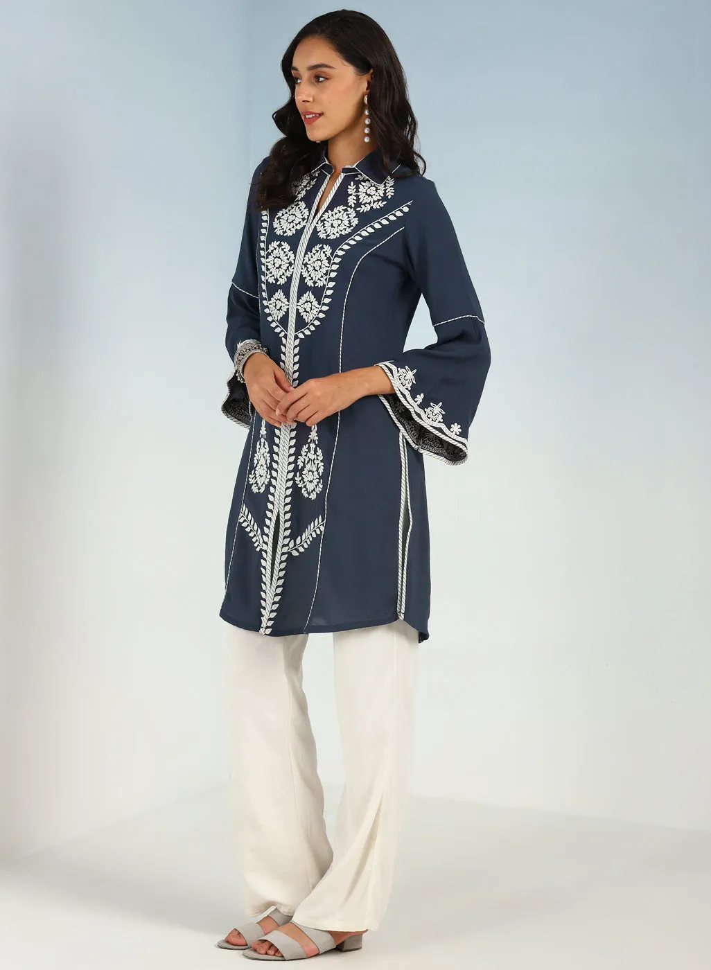 Grey kurti with Dori work and Bell Sleeves