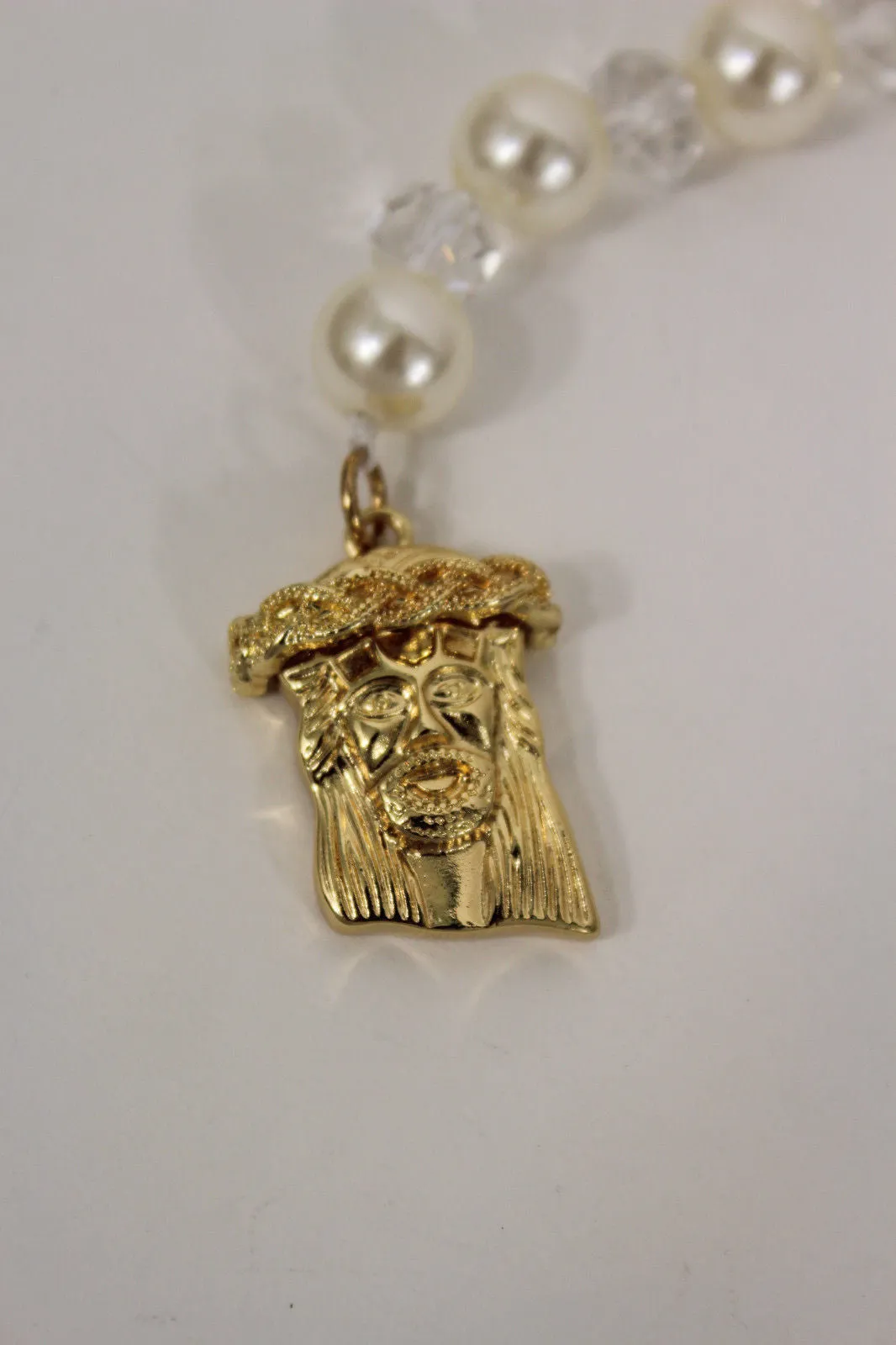 Imitation Pearl Beads Metal Chain Gold Jesus Christ Face Back Pendant Necklace