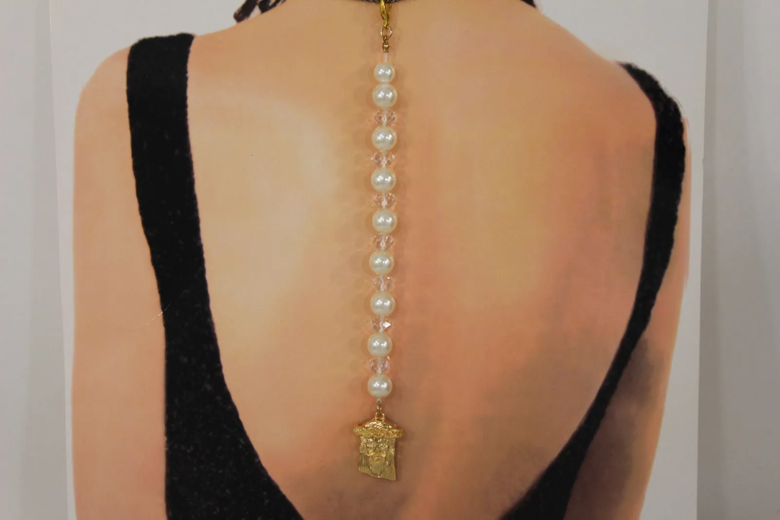 Imitation Pearl Beads Metal Chain Gold Jesus Christ Face Back Pendant Necklace