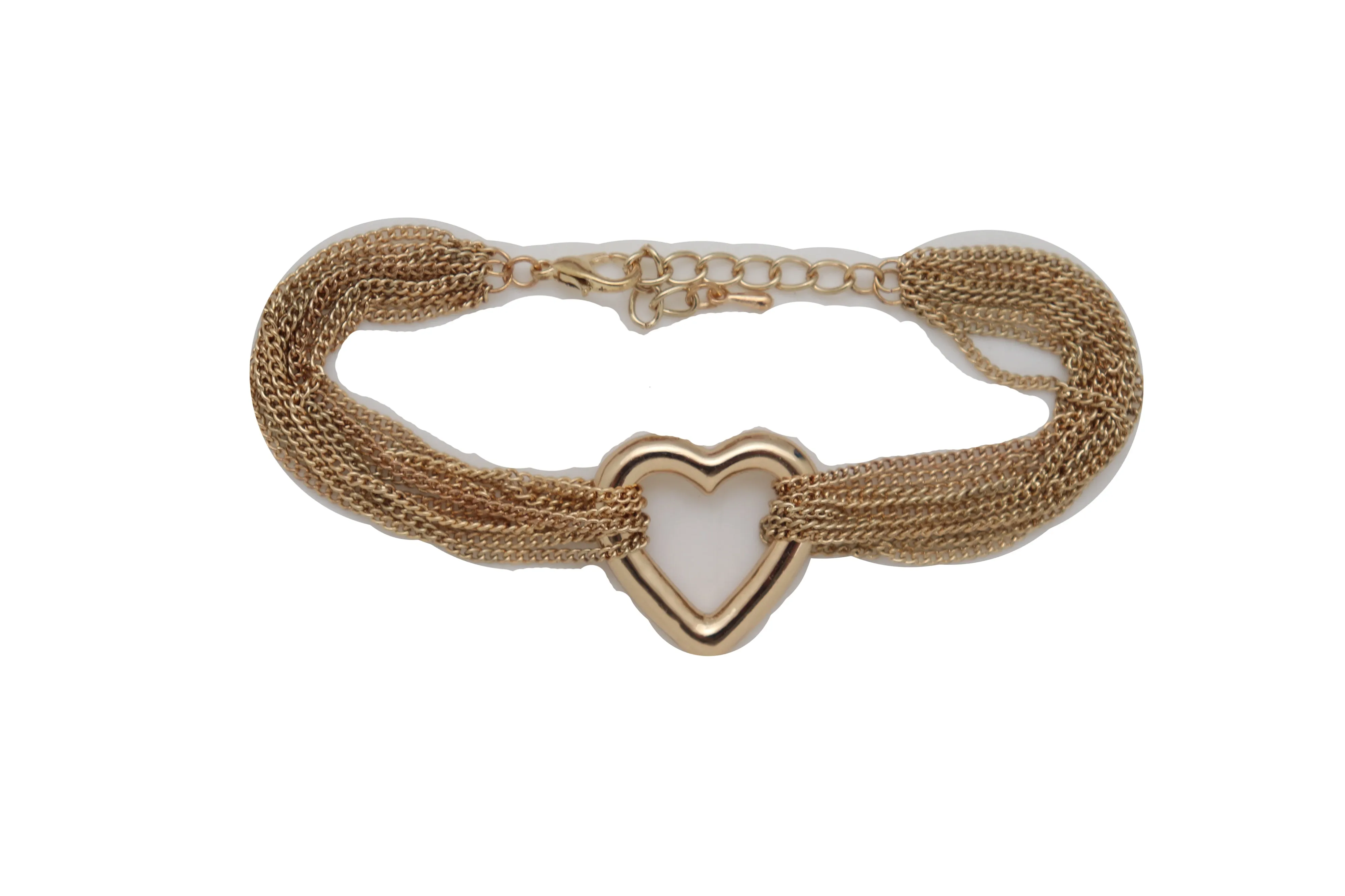 Jewelry Gold Metal Chain Links Multi Strands Bracelet Love Fun Heart Charm