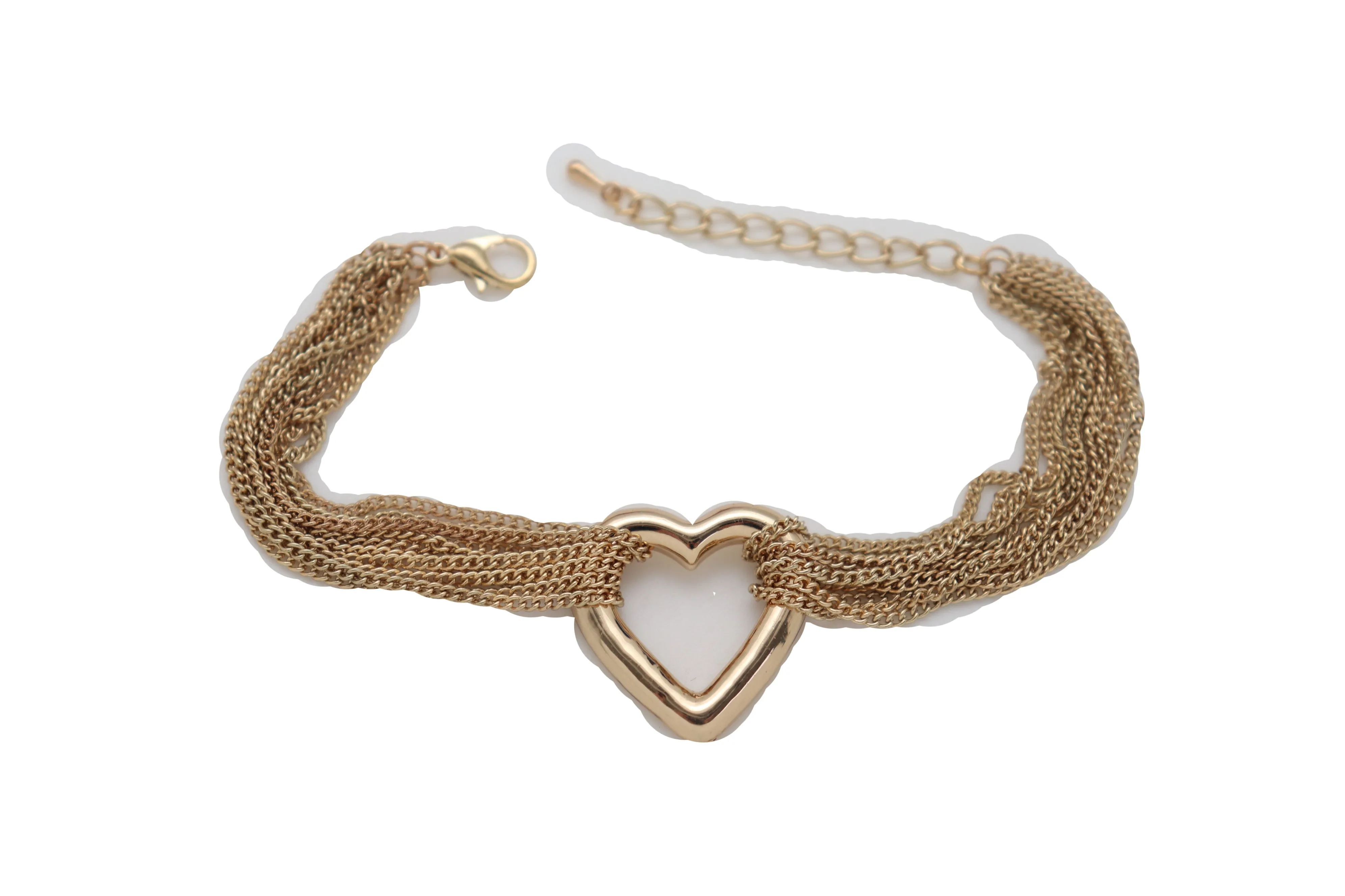 Jewelry Gold Metal Chain Links Multi Strands Bracelet Love Fun Heart Charm