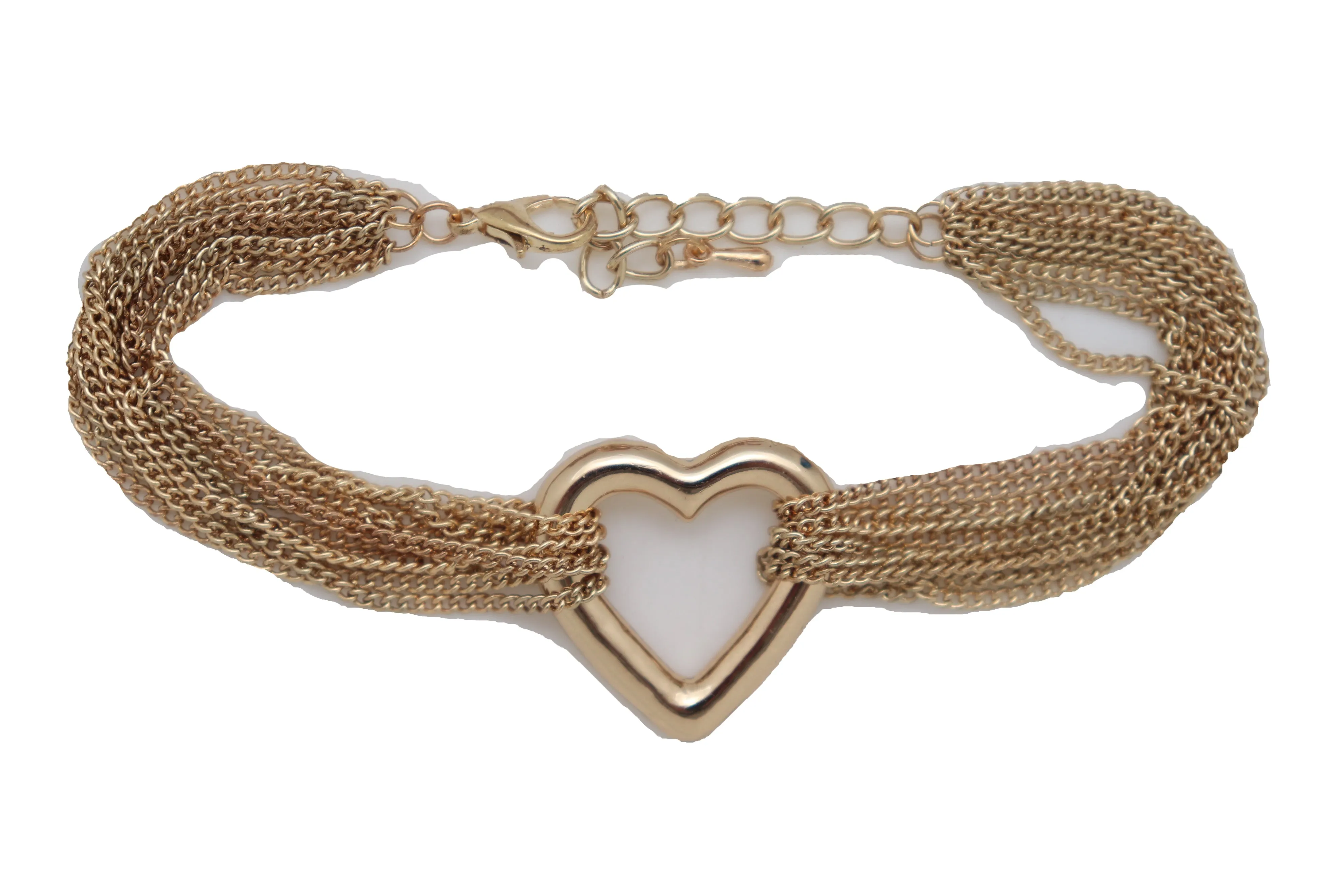 Jewelry Gold Metal Chain Links Multi Strands Bracelet Love Fun Heart Charm