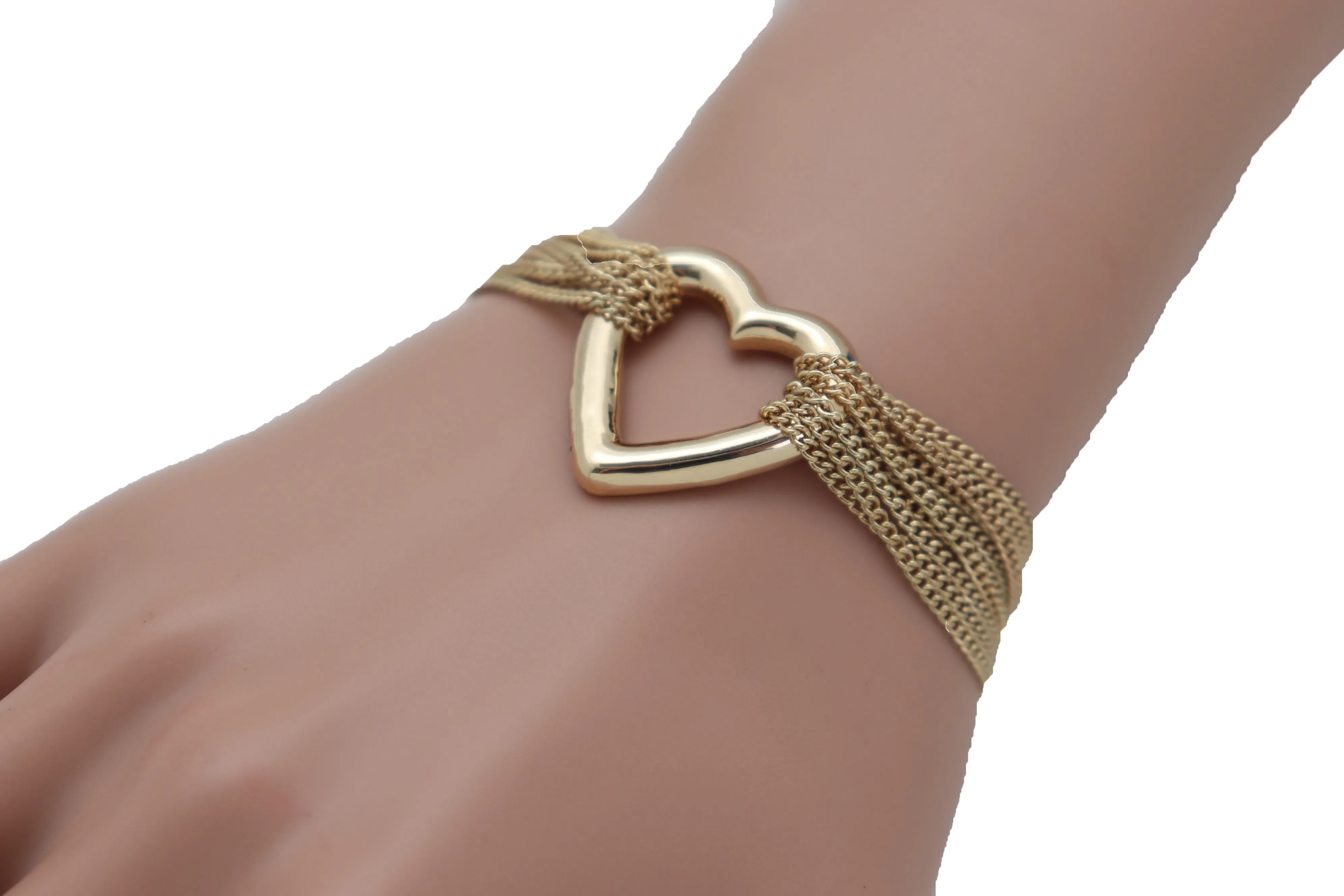 Jewelry Gold Metal Chain Links Multi Strands Bracelet Love Fun Heart Charm