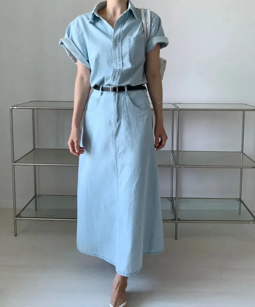 LVSANW Denim Summer 2 Two Piece Set Women Fashion Casual Ladies Cropped Shirts Blouse Split Korean Loose Pleated Woman Long Skirts