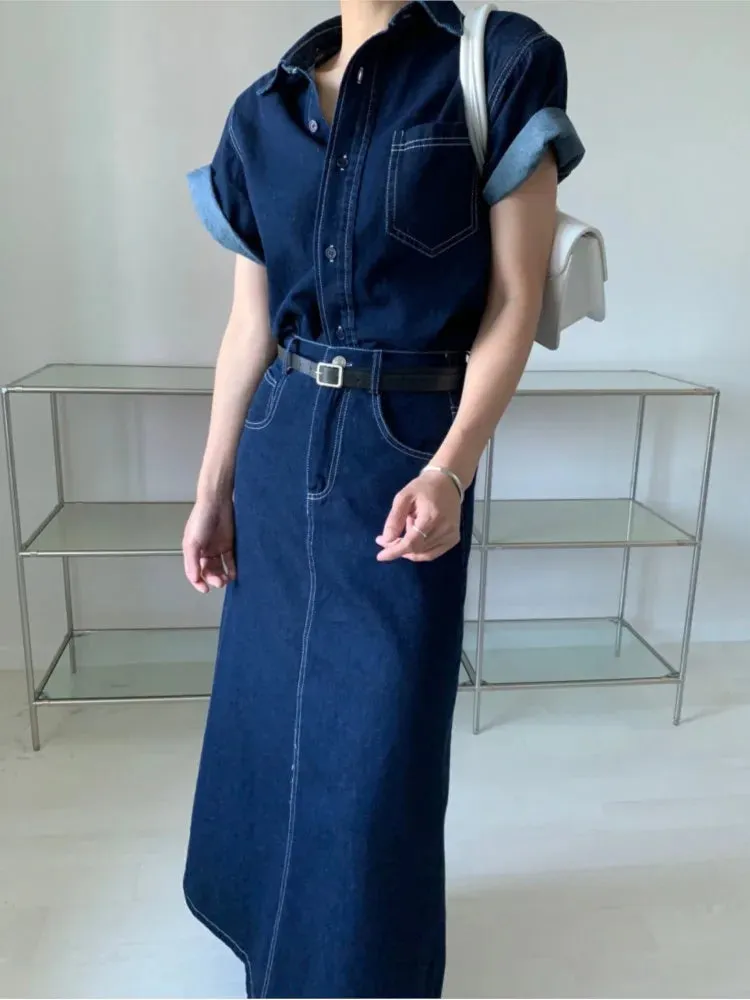 LVSANW Denim Summer 2 Two Piece Set Women Fashion Casual Ladies Cropped Shirts Blouse Split Korean Loose Pleated Woman Long Skirts