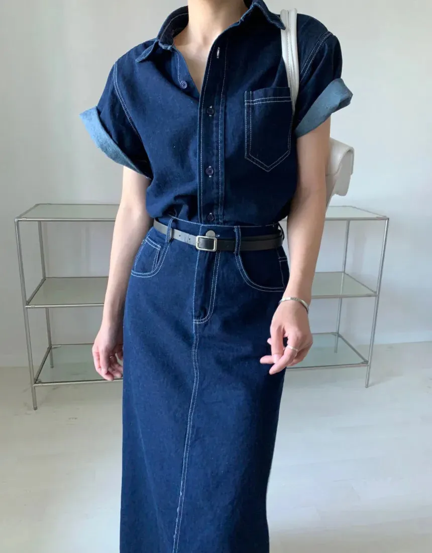 LVSANW Denim Summer 2 Two Piece Set Women Fashion Casual Ladies Cropped Shirts Blouse Split Korean Loose Pleated Woman Long Skirts