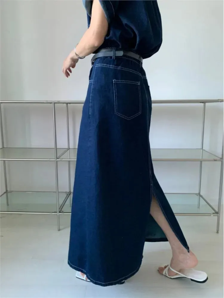 LVSANW Denim Summer 2 Two Piece Set Women Fashion Casual Ladies Cropped Shirts Blouse Split Korean Loose Pleated Woman Long Skirts