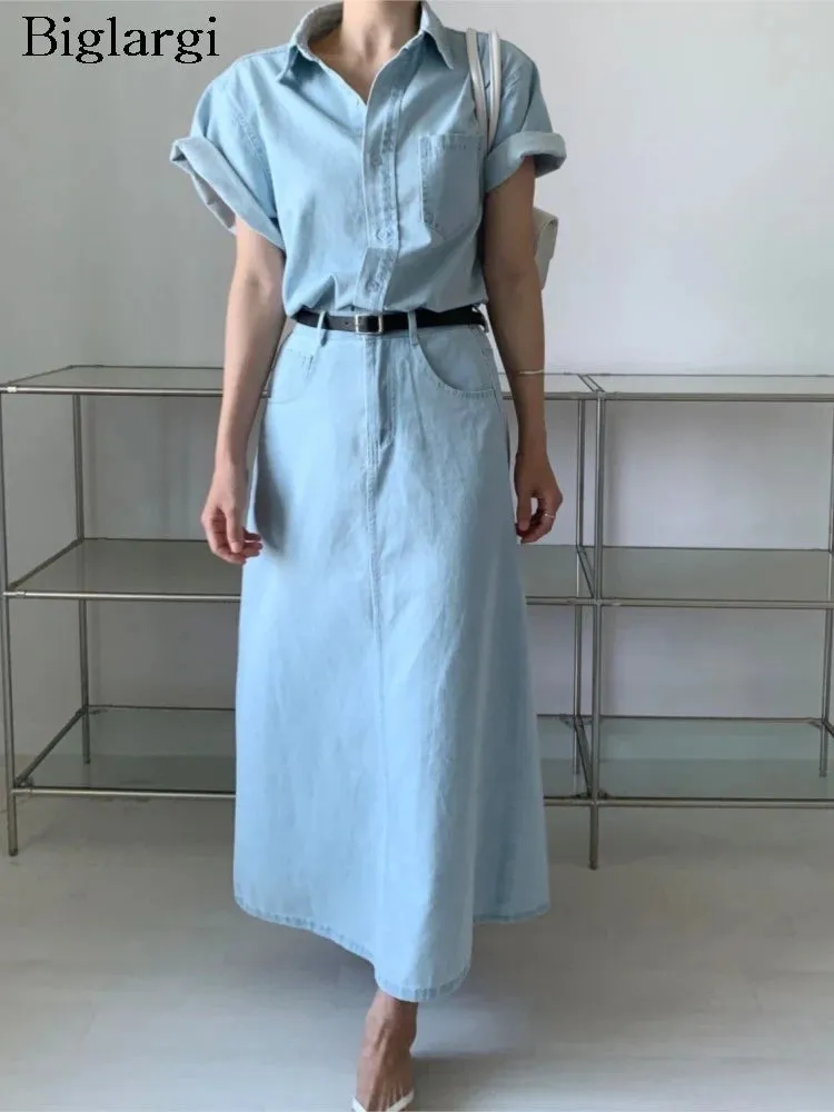 LVSANW Denim Summer 2 Two Piece Set Women Fashion Casual Ladies Cropped Shirts Blouse Split Korean Loose Pleated Woman Long Skirts