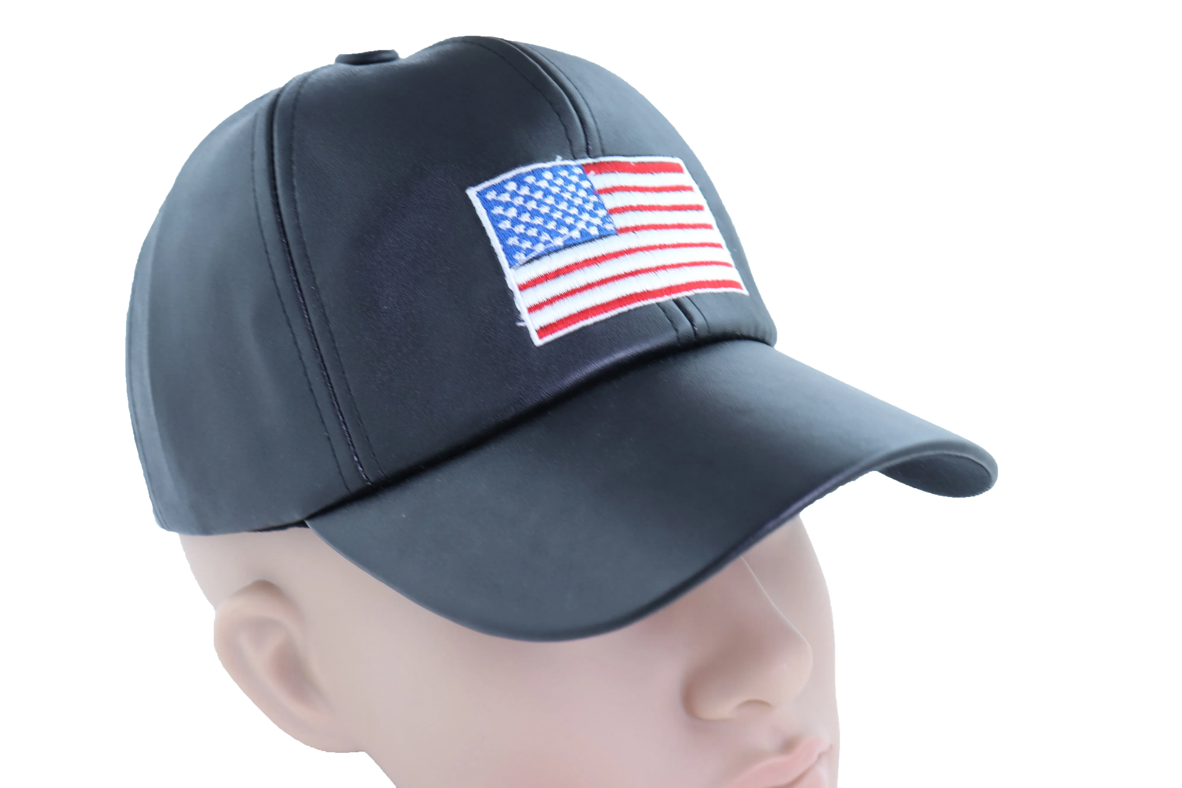 Men Baseball Cap Hat Black Faux Leather Fabric Casual Style Fashion USA Flag