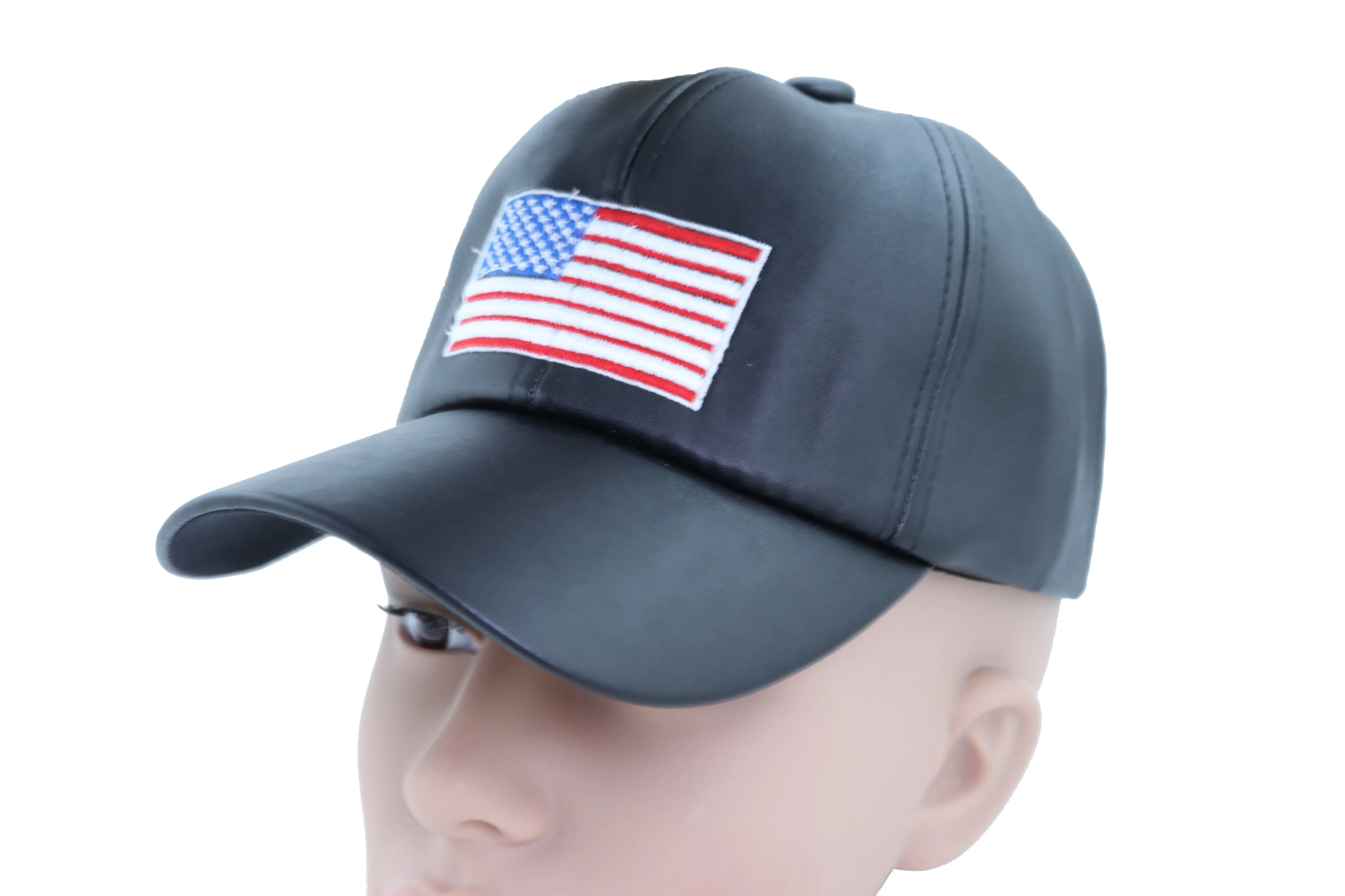 Men Baseball Cap Hat Black Faux Leather Fabric Casual Style Fashion USA Flag