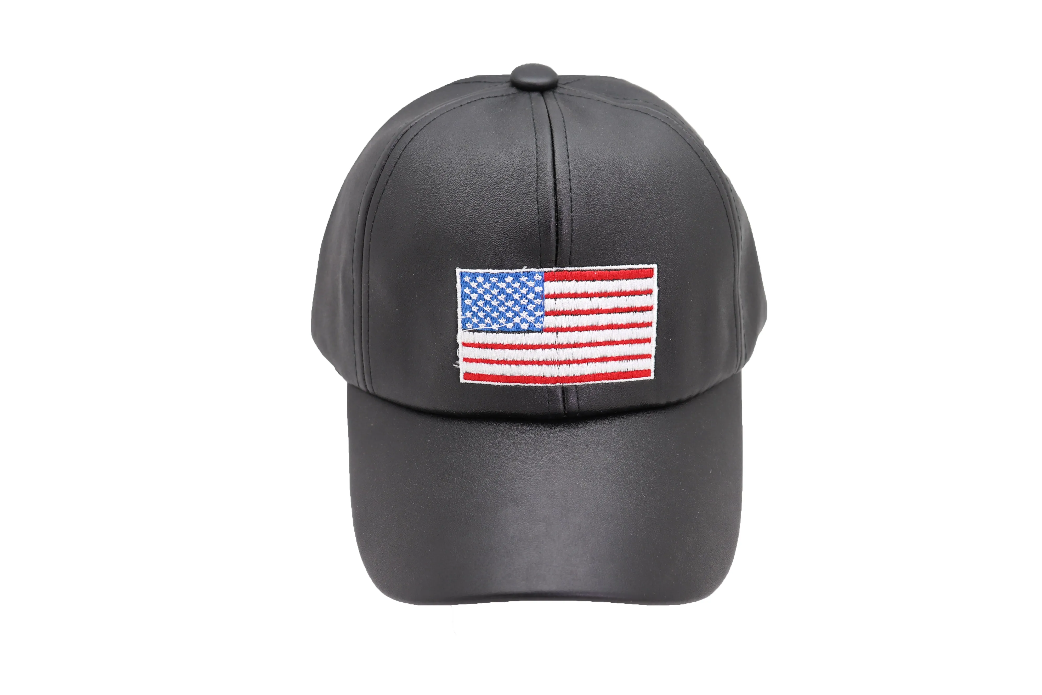 Men Baseball Cap Hat Black Faux Leather Fabric Casual Style Fashion USA Flag