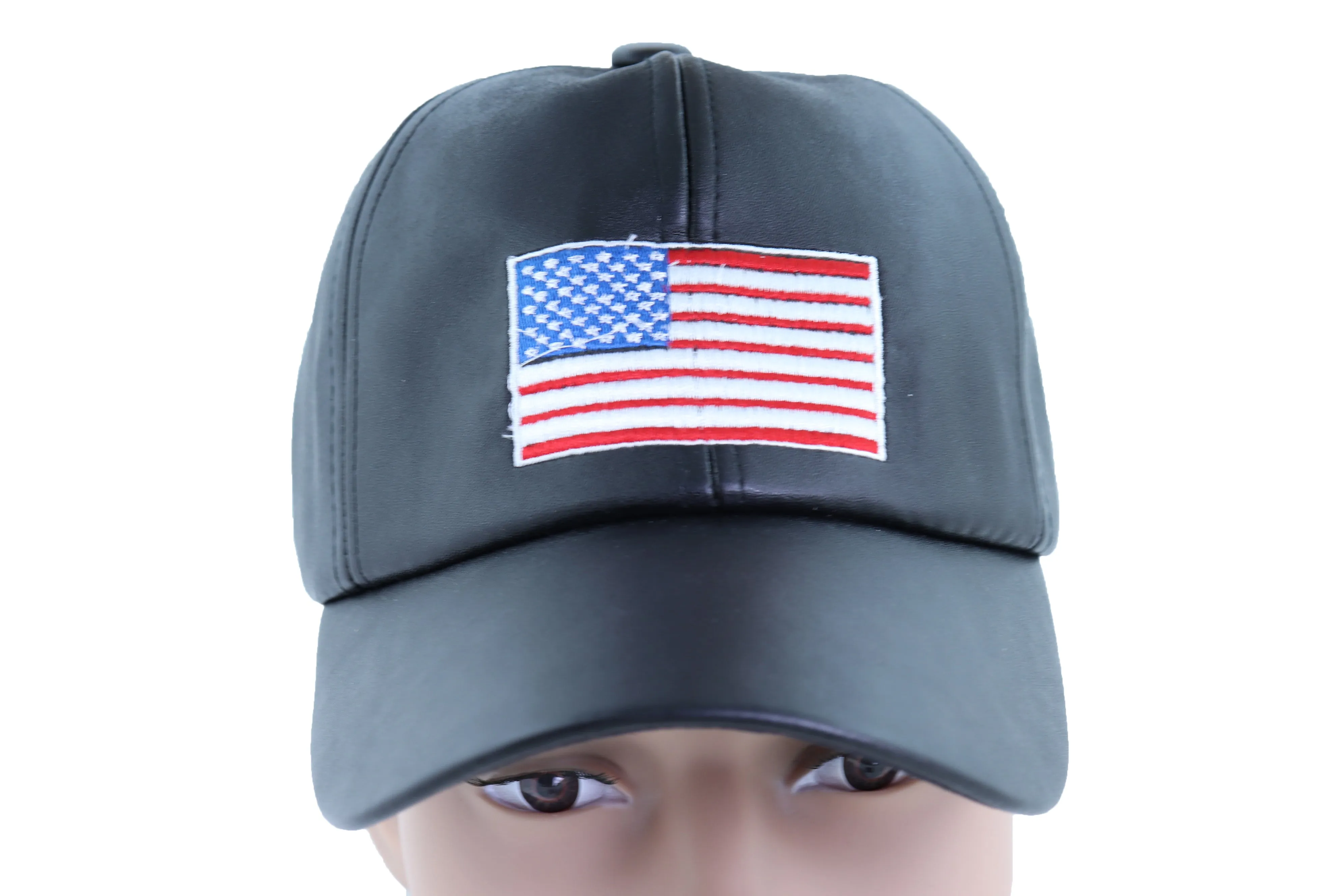 Men Baseball Cap Hat Black Faux Leather Fabric Casual Style Fashion USA Flag