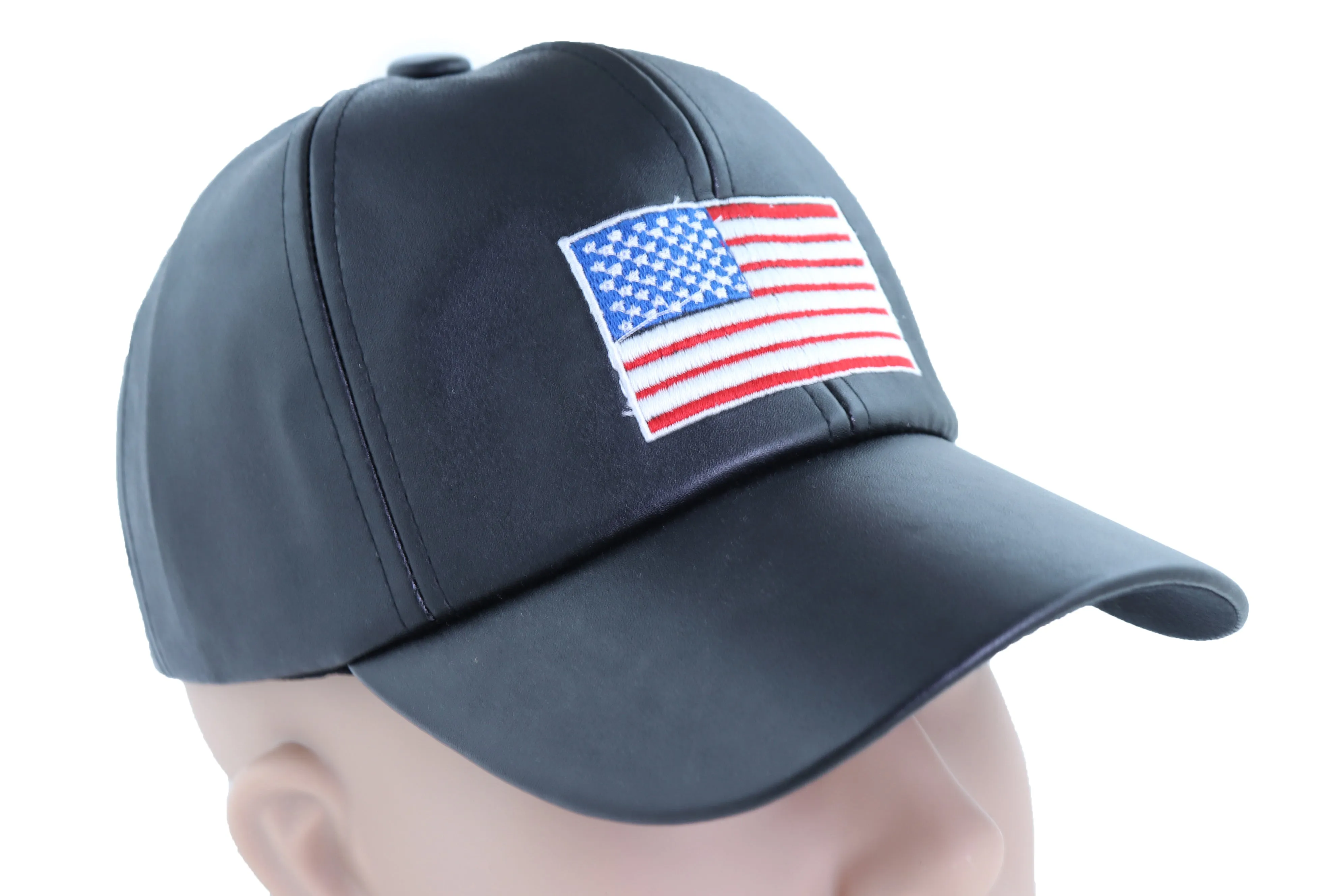 Men Baseball Cap Hat Black Faux Leather Fabric Casual Style Fashion USA Flag