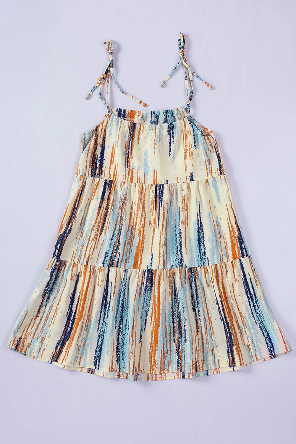 Multicolor Abstract Print Tie Shoulder Spaghetti Strap Tiered Dress