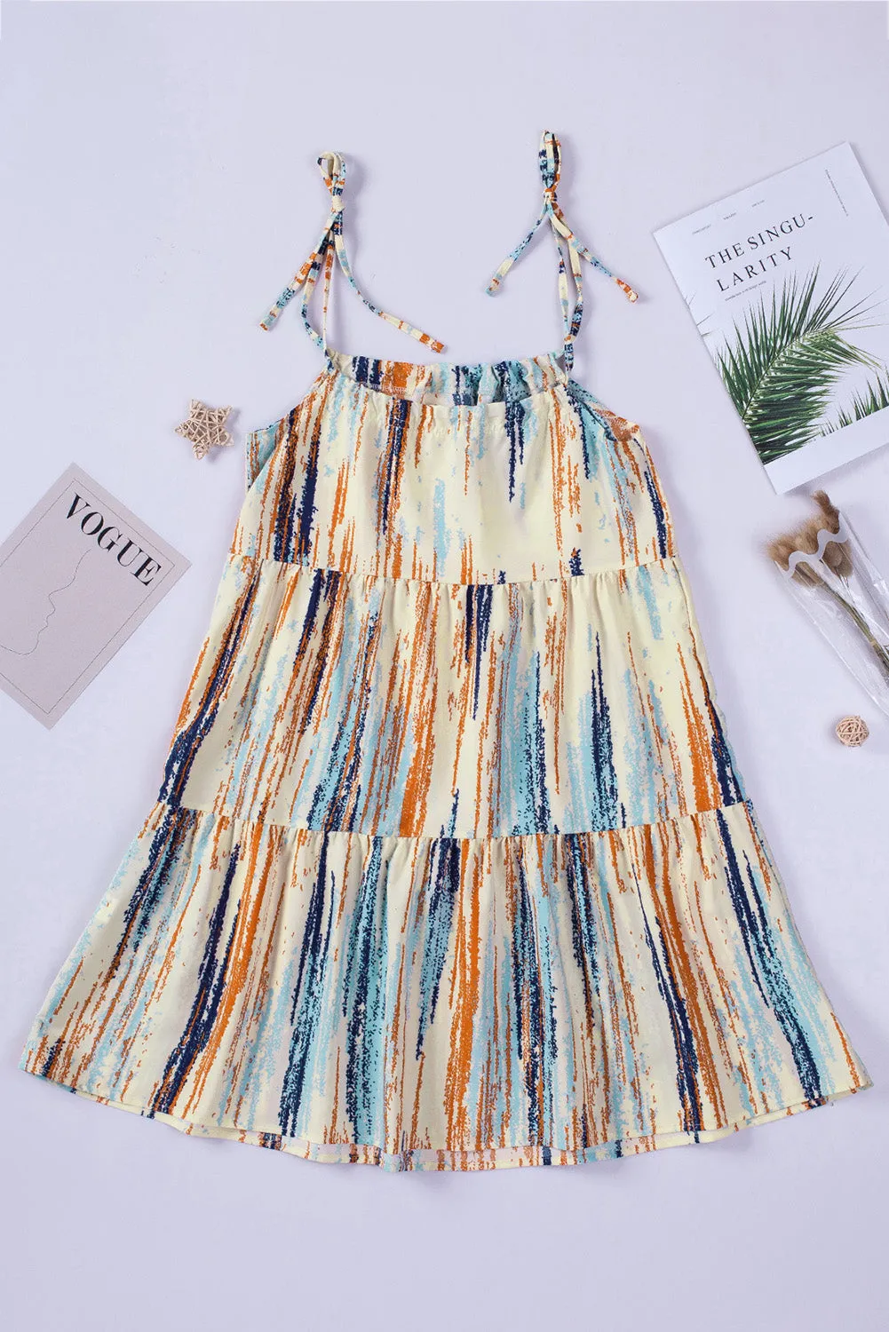 Multicolor Abstract Print Tie Shoulder Spaghetti Strap Tiered Dress