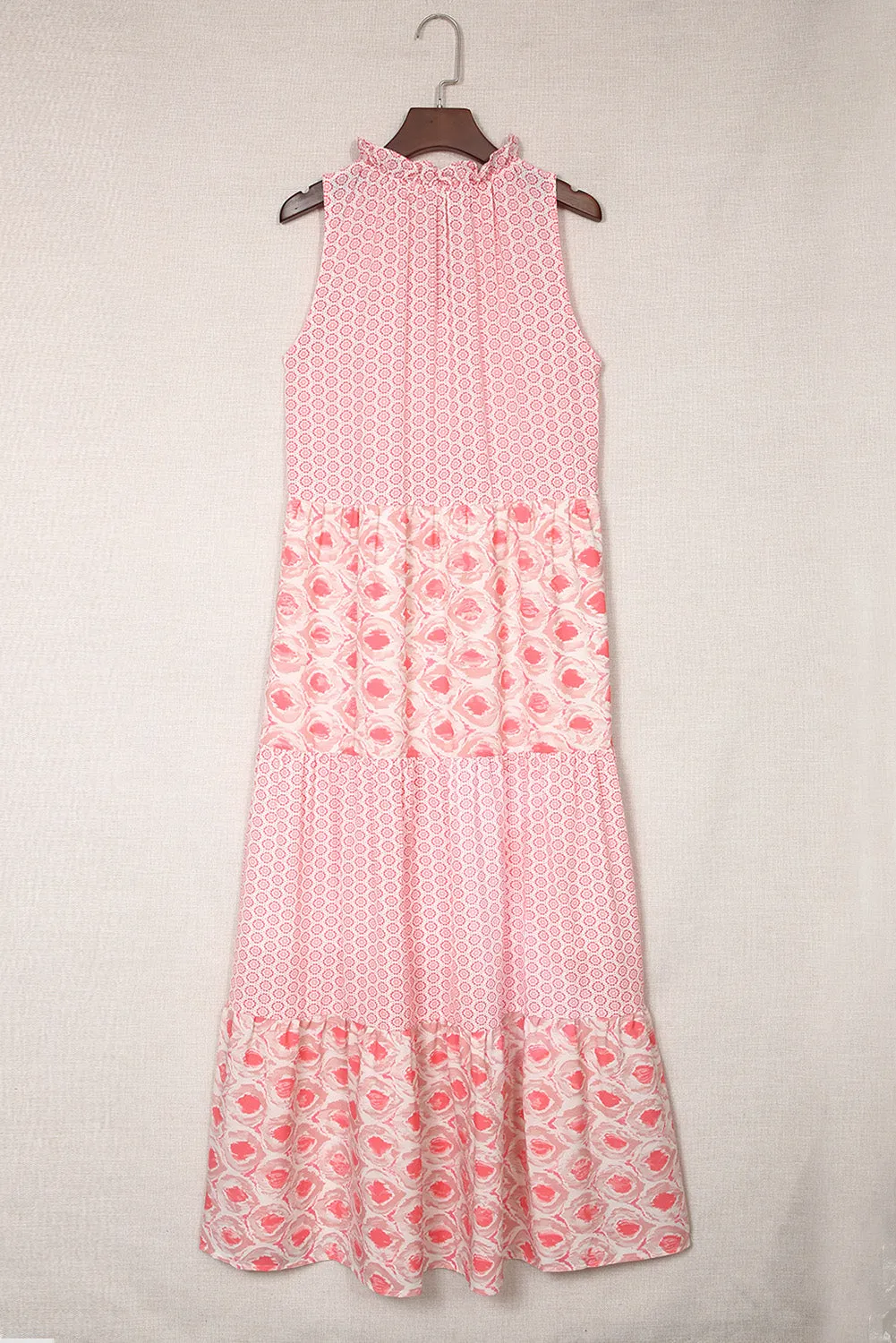 Pink Abstract Print Patchwork Sleeveless V Neck Tiered Dress