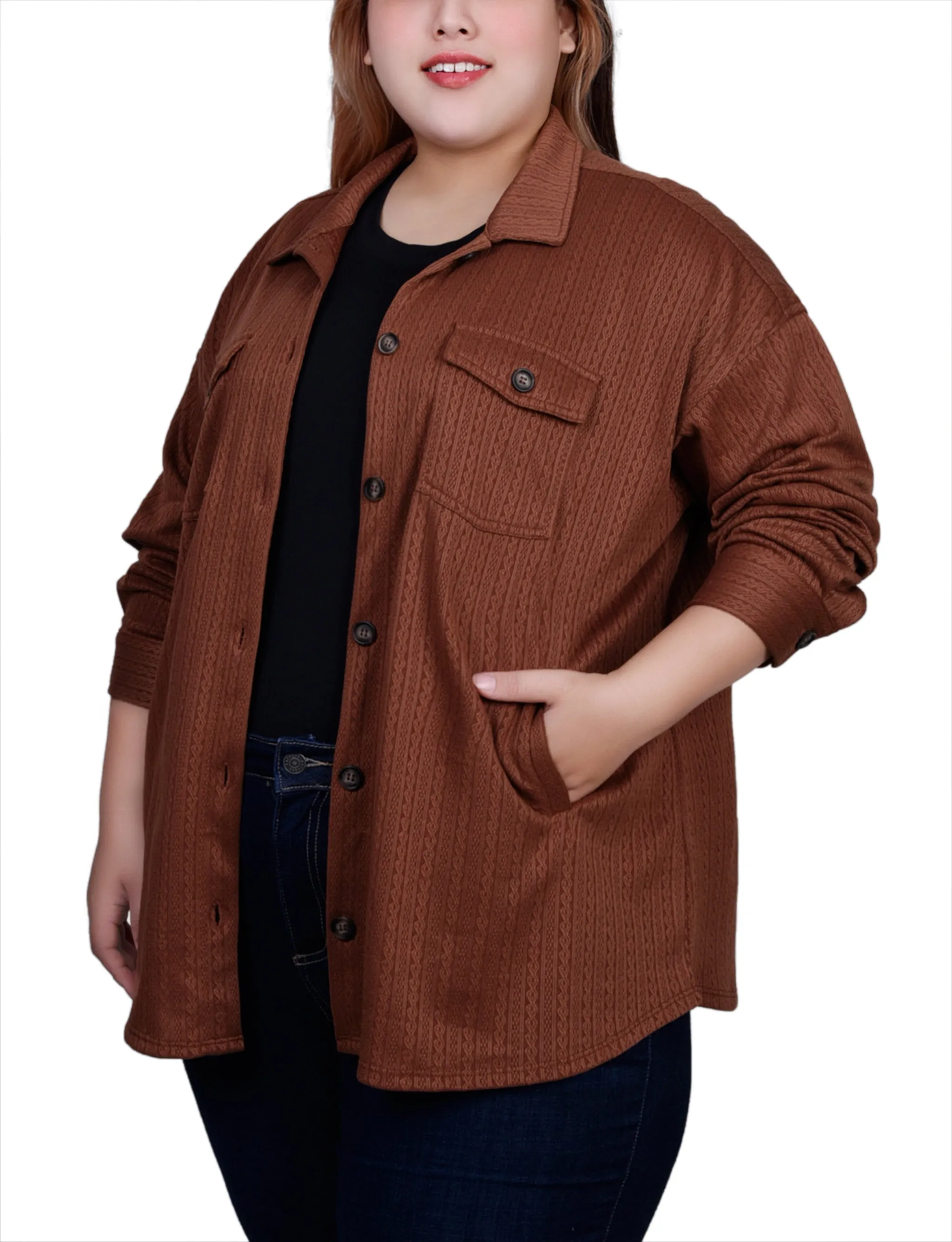 Plus Size Long Sleeve Textured Knit Shirtjacket