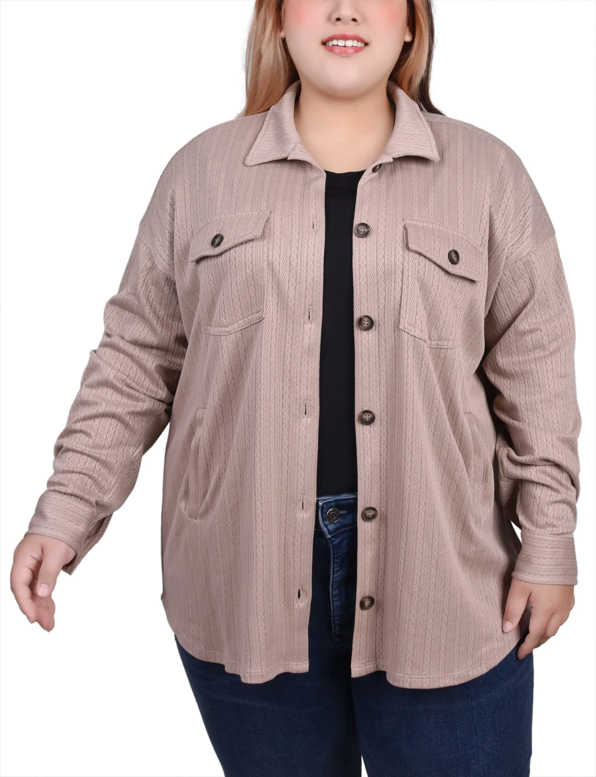 Plus Size Long Sleeve Textured Knit Shirtjacket