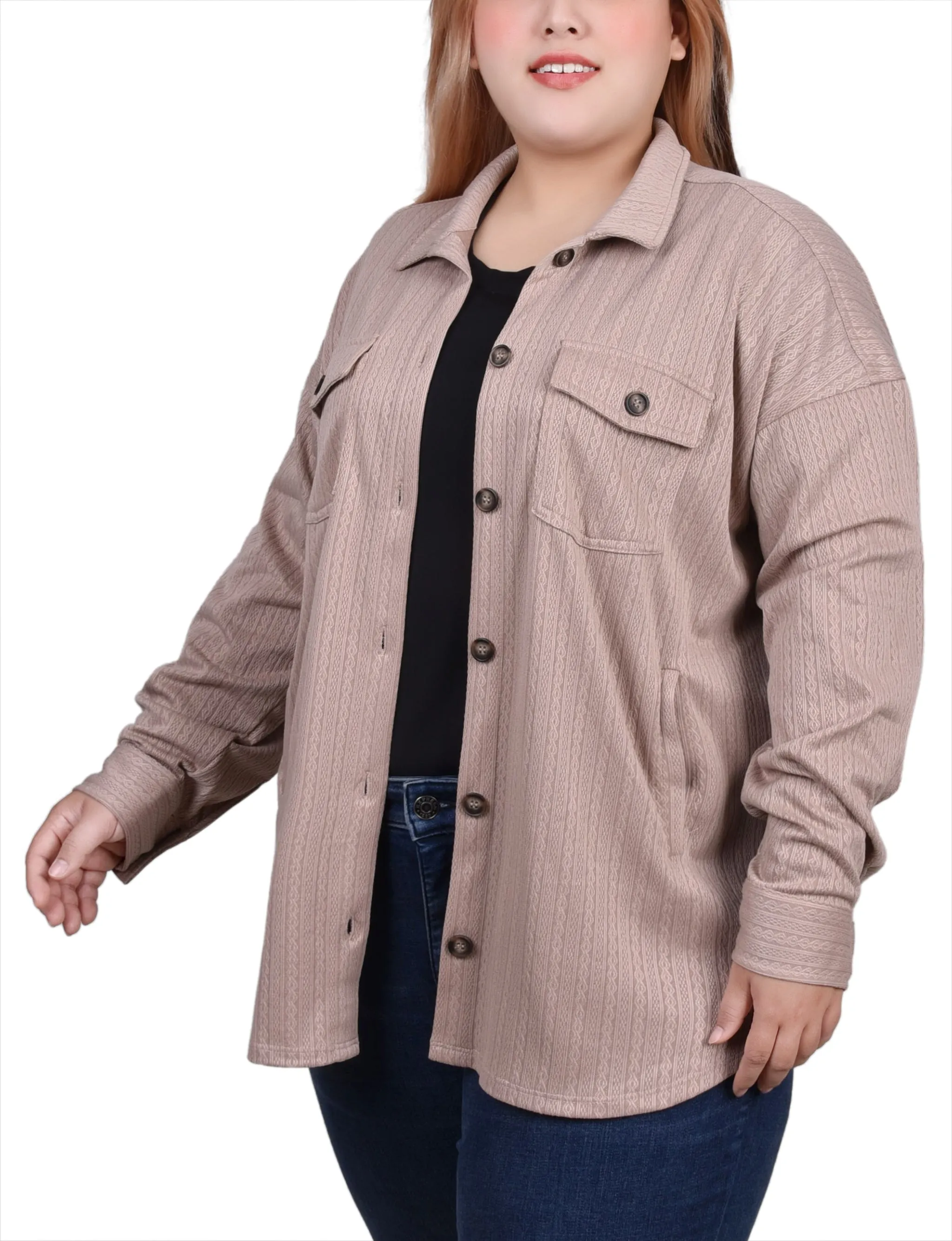 Plus Size Long Sleeve Textured Knit Shirtjacket