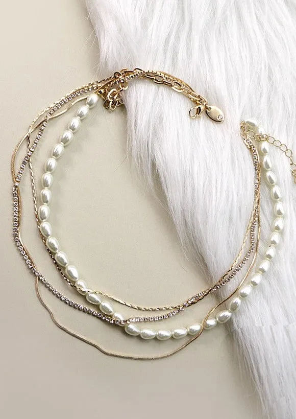 Rhinestone & Pearl Layered Necklace Gold