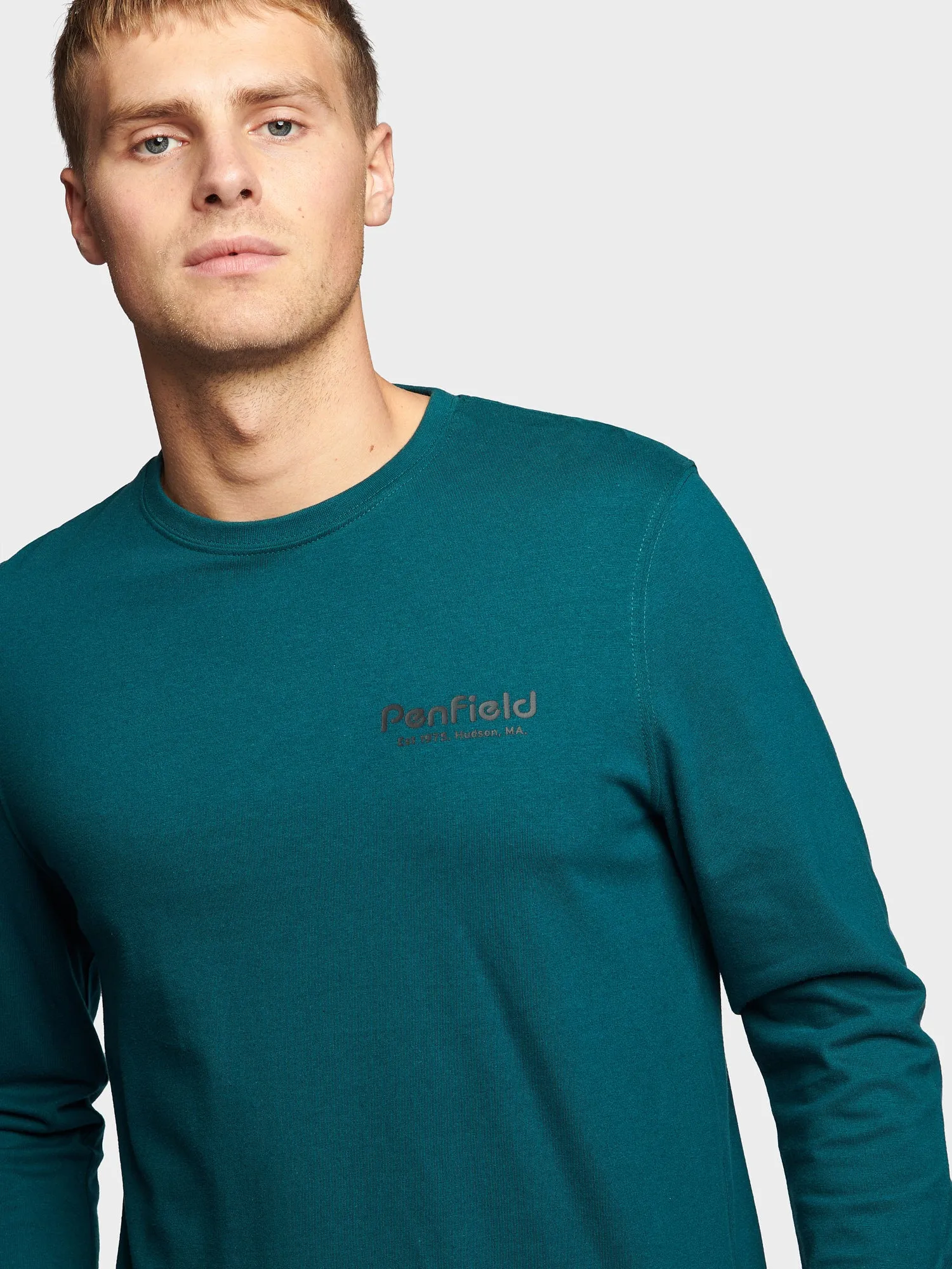 Deep Teal Graphic Long Sleeve T-Shirt with Mountain Back Design