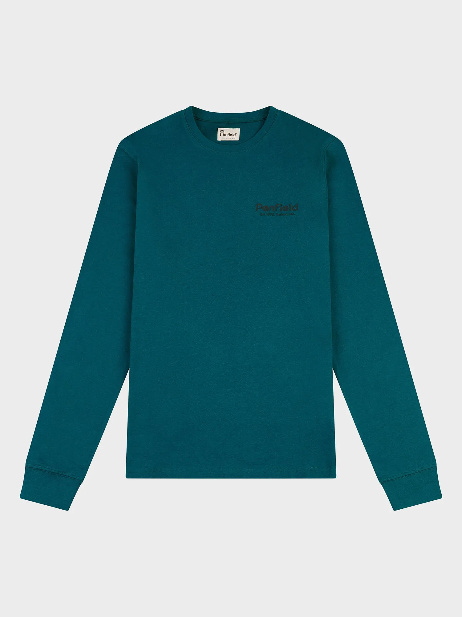 Deep Teal Graphic Long Sleeve T-Shirt with Mountain Back Design