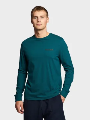 Deep Teal Graphic Long Sleeve T-Shirt with Mountain Back Design