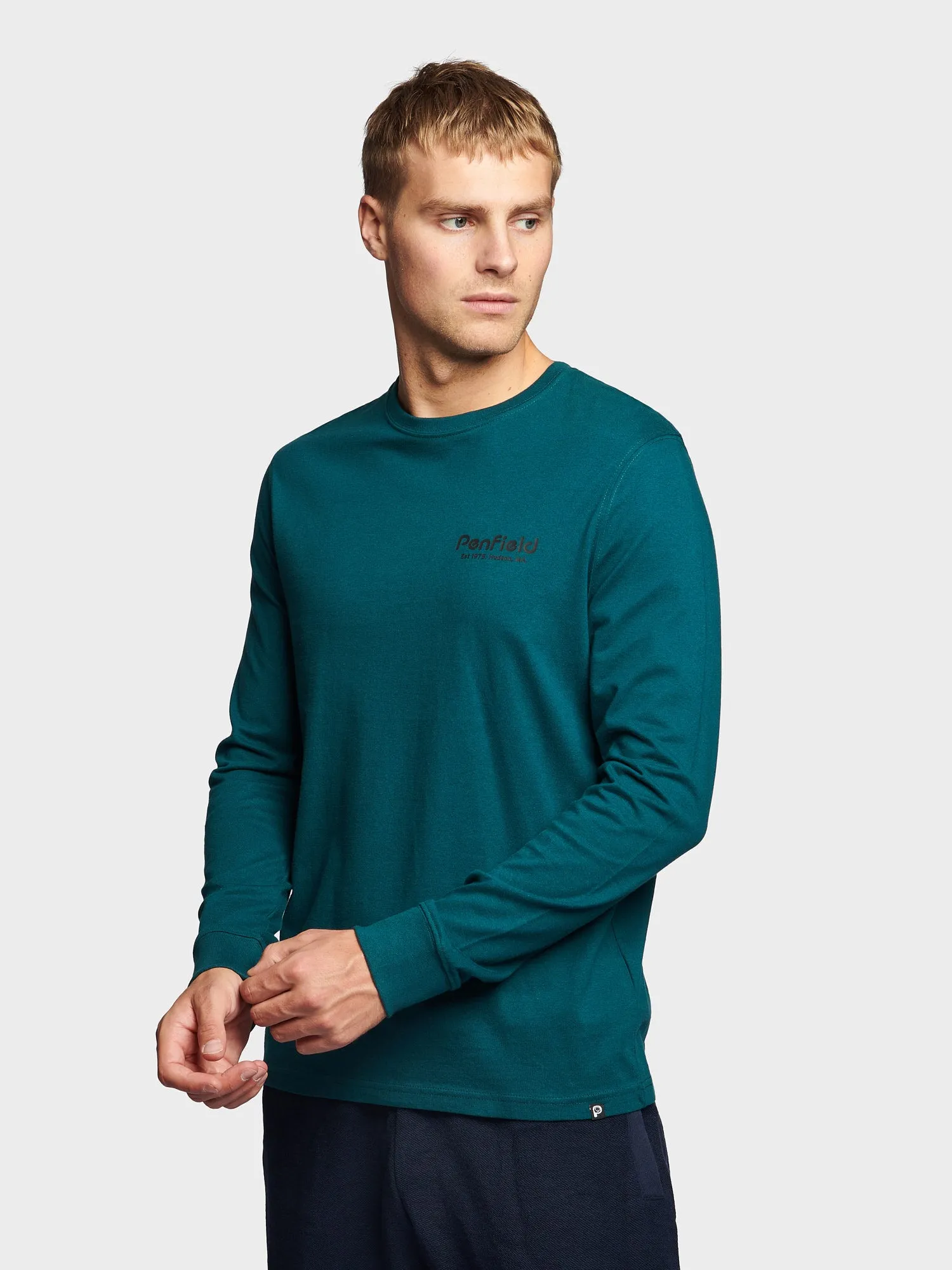 Deep Teal Graphic Long Sleeve T-Shirt with Mountain Back Design