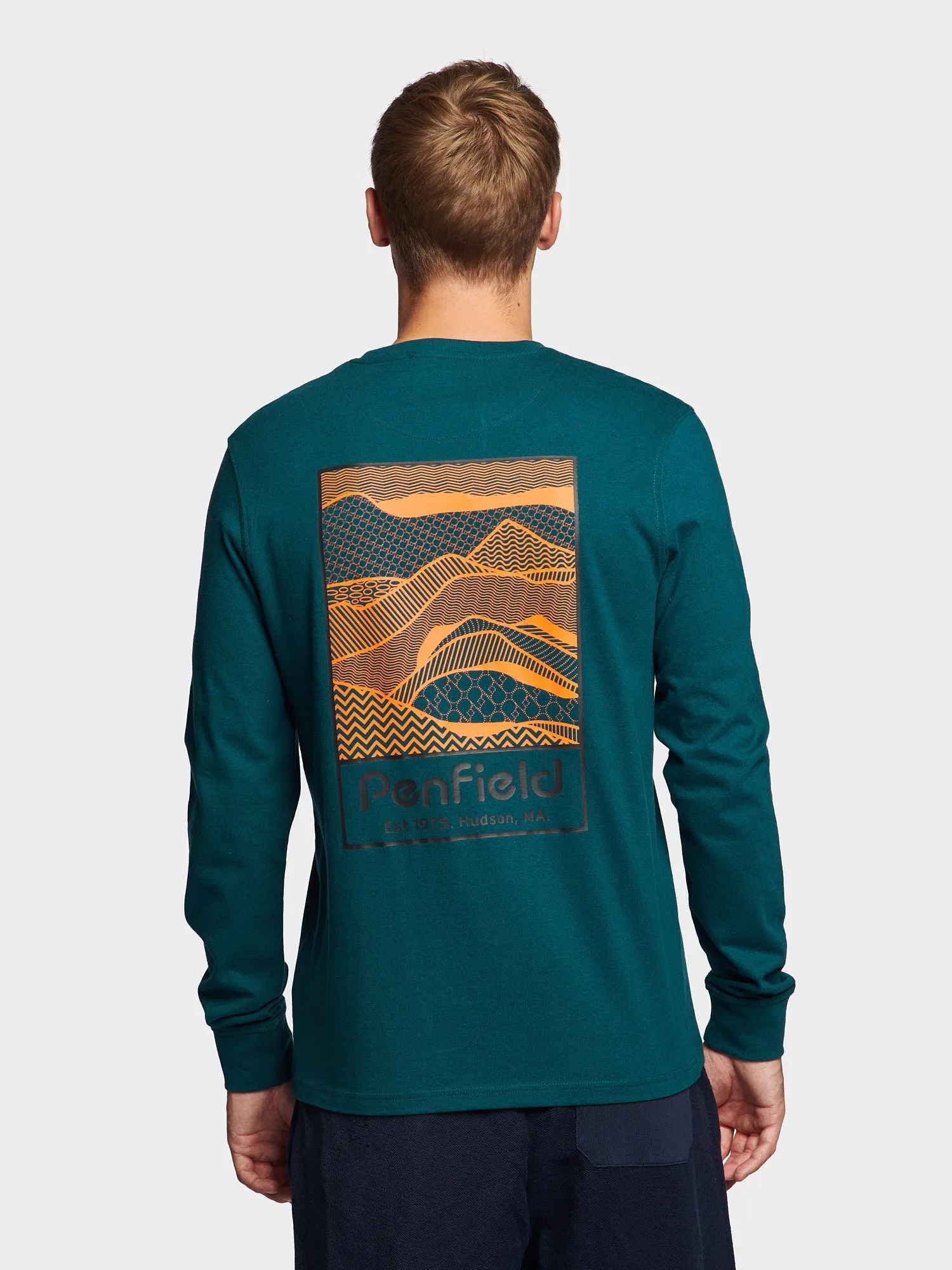 Deep Teal Graphic Long Sleeve T-Shirt with Mountain Back Design