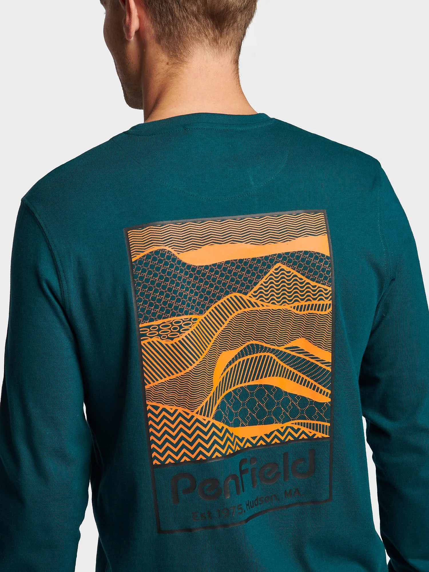 Deep Teal Graphic Long Sleeve T-Shirt with Mountain Back Design